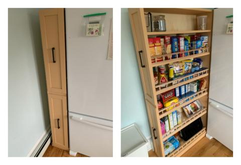 Rolling spice rack next to online fridge